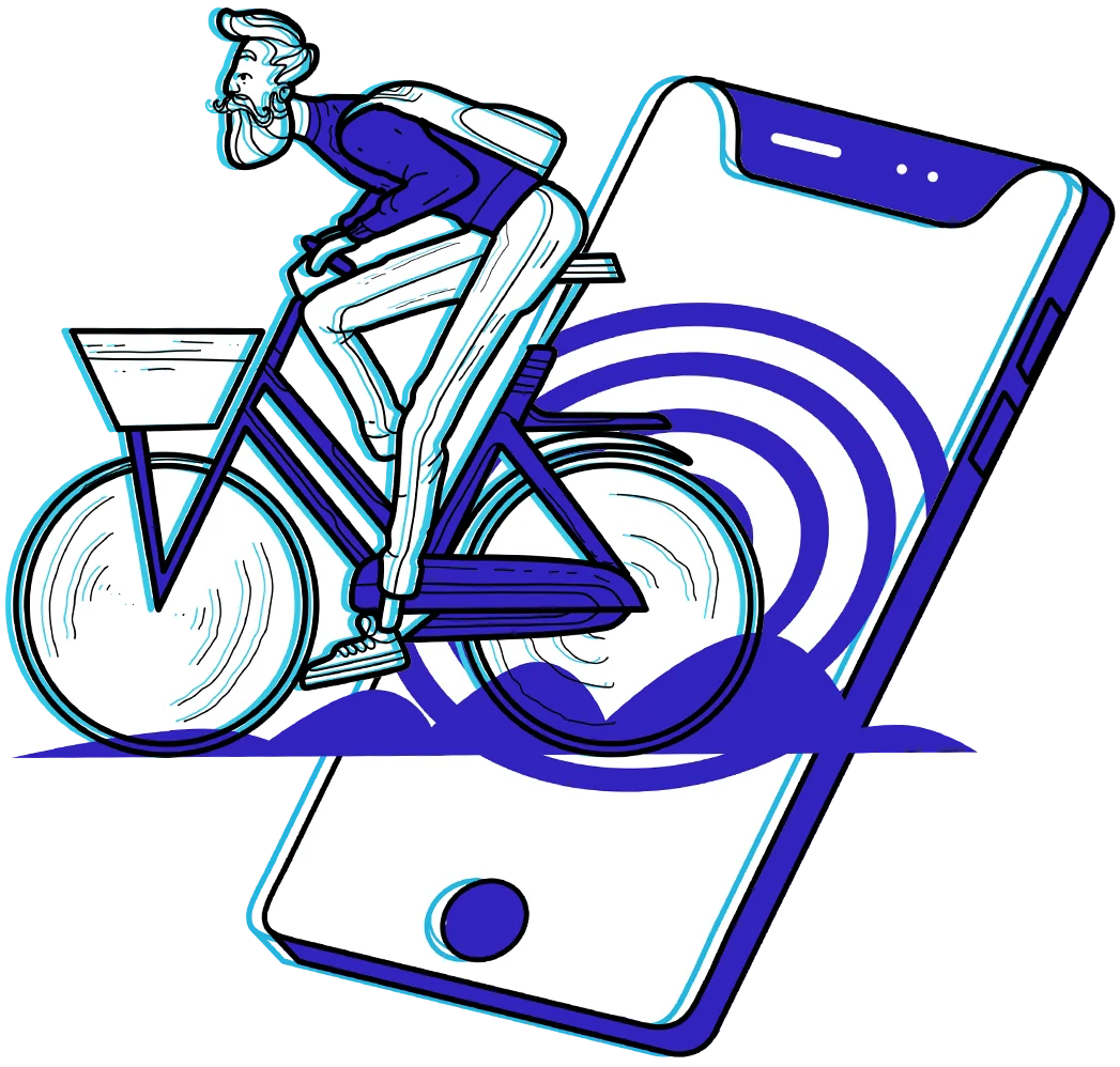 Rapaz sobre uma bicicleta que sai da tela de celular como referência ao Seguro Bike do Madaseg