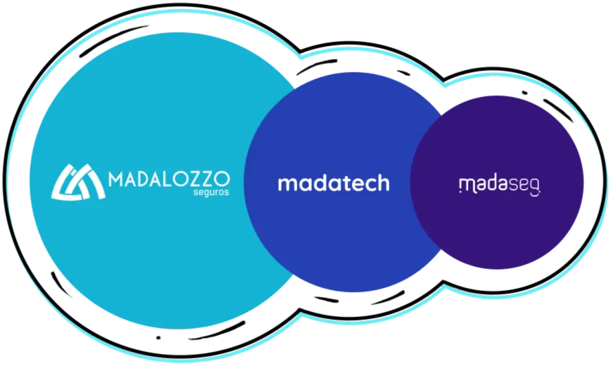 Três círculos de tamanhos e cores diferentes com as escritas da Madalozzo Seguros Madatech e Madaseg