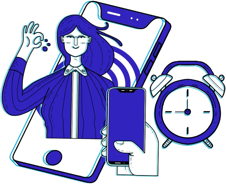Celular com mulher saindo da tela e um relógio ao lado junto a uma mão segurando celular para citar a gestão de seguros